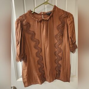 Express Lace Trim Blouse Brown Short Sleeve Boho Top Size L